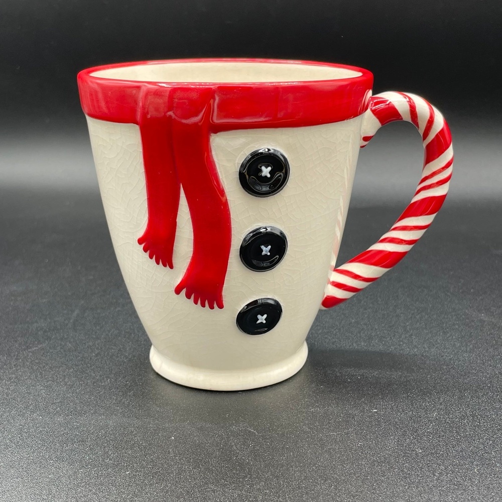 Vintage Hallmark Coffee Tea Cocoa Snowman Mug Candy Cane Handle Buttons Scarf